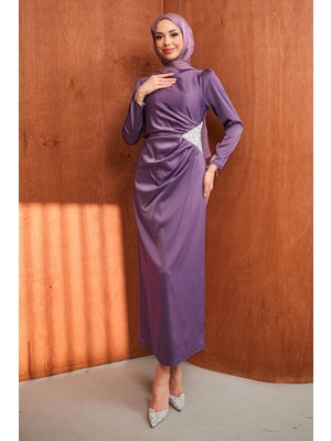 İmaj Butik Mor Taş Detaylı Saten Abiye