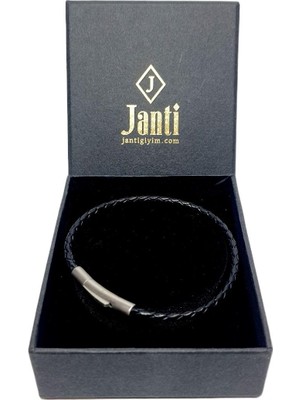 JTSS26BLK1714 Paslanmaz Çelik Kilitli Hakiki Deri Kutulu Garantili Janti Bileklik