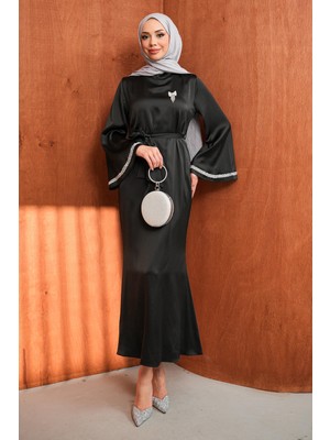 İmaj Butik Siyah Kolu Taşlı Bel Kuşaklı Saten Abiye