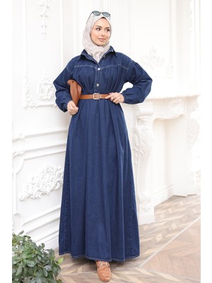 İmaj Butik Lacivert Kol Lastikli Kemerli Kot Elbise