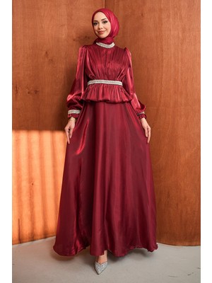 İmaj Butik Bordo Beli Volan Detaylı Taşlı Janjan Saten Abiye