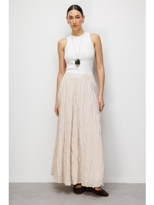 Mizalle Kırışık Görünümlü Saf Pamuk Bej Rengi Maksi Etek