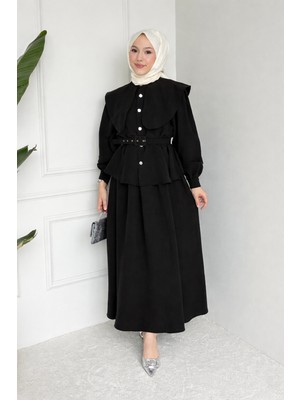 Tesettür Diyarı Parin Tansel Kumaş Kemerli Tesettür Takım- Siyah