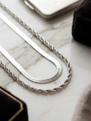 Meneva Aksesuar Gümüş Renk Italyan Ezme Burgu Çelik Kolye Seti