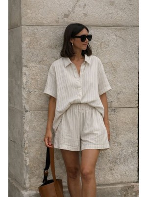 Infivento Kadın Kısa Kollu Çizgili Modal Kumaş Gömlek ve Yüksek Bel Lastik Detay Şort Ikili Takım