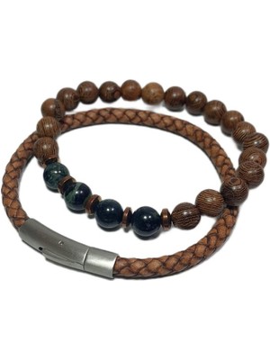 JTSS26BLK1700 Hakiki Deri Paslanmaz Çelik Kilit Jasper ve Hematit Doğaltaş Kutulu Garantili Sertifikalı Janti Kombin Bileklik