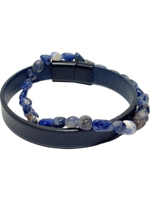 JTSS26BLK1704 Hakiki Deri Alaşımlı Metal Kilit Lapis Lazuli ve Hematit Doğaltaş Kutulu Garantili Janti Kombin Bileklik