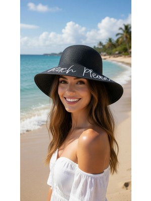 Mollycrush Kadın Siyah Beach Please Hasır Şapka | Yazlık Şık Model