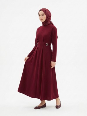 Foremia Önü Pensli Kuşak Aksesuar Detay Elbise-Bordo -