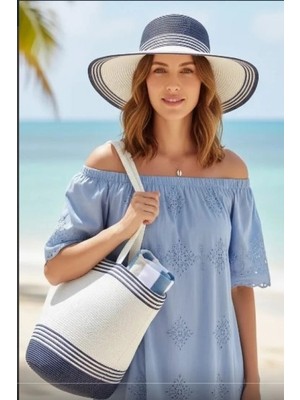 Bay Şapkacı Kadın Çizgili Hasır Plaj Çantası ve Güneş Şapkası 2'li Takımı 7031