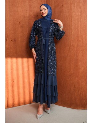 İmaj Butik Lacivert Eteği Katlı Fırfırlı Ikili Abaya Takım