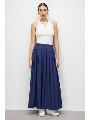 Mizalle Ince Piliseli Lacivert Maksi Yazlık Etek