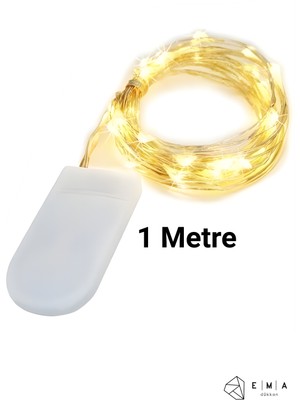 Ema Dükkan Pilli Peri LED 1 Metre Mikro Tel Işık | Şekil Verilebilir Gümüş Tel | Açma Kapama Düğmeli | Piller Dahil Dekoratif Işık