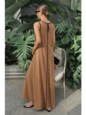 Bi Baksana Kadın Omuzlardan Açık Yaka Ince Şerit Detaylı Uzun Viskon Elbise