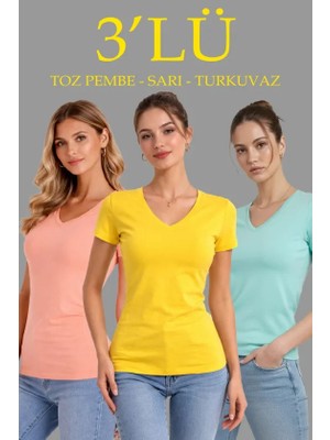 Civetta 3lü V Yaka Tişört – Kısa Kollu Yazlık Slim Fit Body - Toz Pembe, Sarı, Turkuvaz