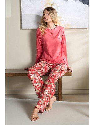 Remsa Kadın Penye Uzun Kol Pijama Takımı 3120 Açık Kırmızı