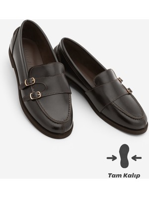 Marjin Kadın Loafer Çift Bantlı Makosen Tokalı Günlük Ayakkabı Ovora Kahve