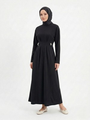Foremia Önü Pensli Kuşak Aksesuar Detay Elbise-Siyah -
