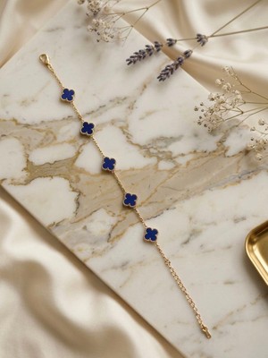 Meneva Aksesuar Lacivert Mineli 5’li Yonca Altın Gold Renk Zincirli Paslanmaz Çelik Bileklik