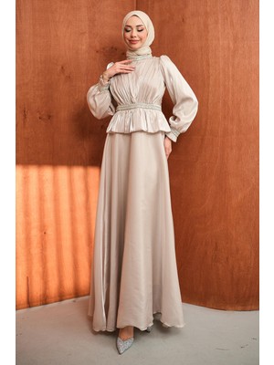 İmaj Butik Vizon Beli Volan Detaylı Taşlı Janjan Saten Abiye