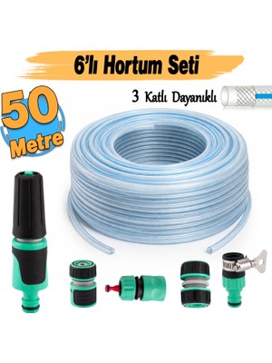 Badem10 Şeffaf Üç Katlı Sağlam Bahçe Hortumu (50 Metre) Çeşme Su Sulama Hortum 6'lı Bağlantı Adaptör Seti