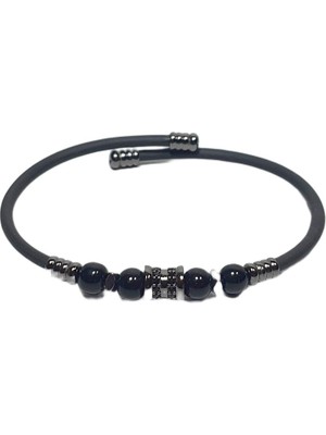 JTSS26BLK1735 Paslanmaz Çelik Bilezik Silikon Kaplama Metal Aparatlı Onyx ve Hematit Doğaltaşlı Garantili Janti Bileklik