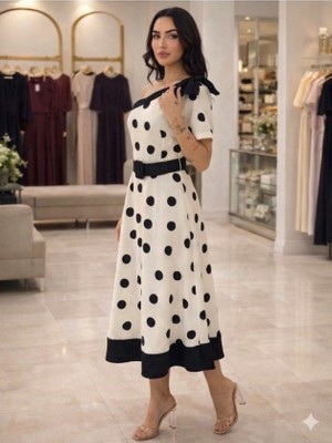 Livizmir Moda Kadın Omuz Dekolteli Fiyonk ve Puantiye Detay Maxi Boy Elbise