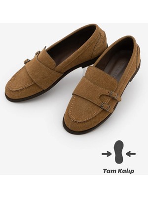 Marjin Kadın Loafer Makosen Çift Bantlı Tokalı Günlük Ayakkabı Ovora Taba Süet