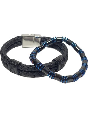 JTSS26BLK1702 Pu Deri Alaşımlı Metal Kilit Hematit Doğaltaş Kutulu Garantili Sertifikalı Janti Kombin Bileklik