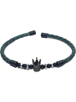 JTSS26BLK1731 Paslanmaz Çelik Bilezik Hakiki Deri Kaplama Metal Aparatlı ve Doğaltaşlı Garantili Janti Bileklik