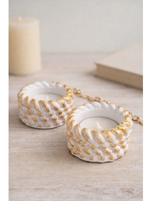Lavinyum 2’li Gold Detaylı Dekoratif Mumluk Seti – Taş/seramik Tealight Mumluk, Salon & Masa Üstü Şık Obje