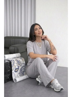 Sidelya Concept Osy Modal Yumuşak Dokulu Şalaş Oversize Ikili Takım Bol Paça Pantolonlu Rahat Günlük Takım - Gri