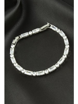 Zero Land Ozdestor Dikdörtgen Zirkon Taşlı Lüks Kararmaz Bileklik 4x9 Mm-Gümüş Rengi