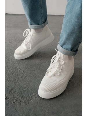 Roof Atelier Erkek Beyaz Triko Bağcıklı Spor Ayakkabı - 2425 - Tbt