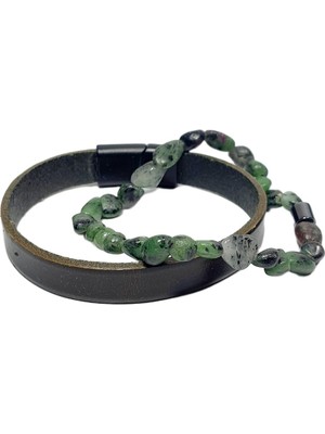 JTSS26BLK1708 Hakiki Deri Alaşımlı Metal Kilit Zoisit - Anyolit ve Hematit Doğaltaş Kutulu Garantili Janti Kombin Bileklik