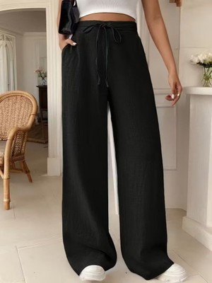 Moda Loris Kadın Yüksek Bel Önden Bağlamalı Geniş Kesim Keten Pantolon