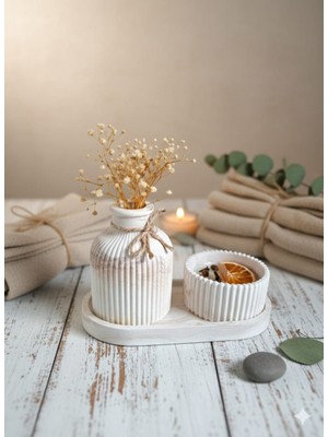 Lavinyum Mermer Desenli Özel Tasarım Mum Vazo Aksesuar Seti Çiçekler ve Mum Dahil