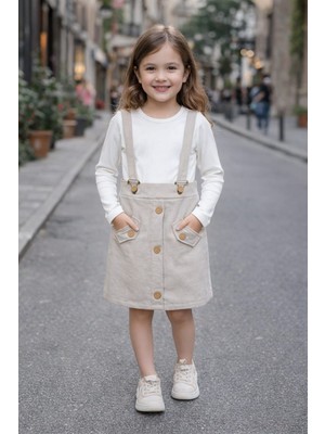 Bubiee Baby Kız Çocuk Önden Düğmeli Askılı Jile Etek ve Beyaz Fitilli Body Ikili Takım