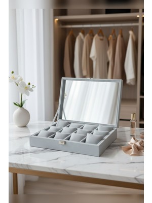 Özbience Şık 12 Bölmeli Aynalı Saat ve Takı Kutusu, Düzenli Saklama Için Idealdir