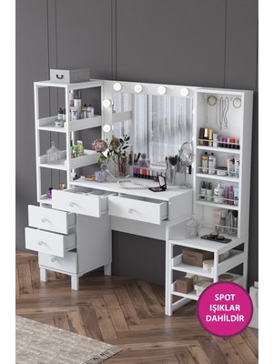 Özbience Aydınlatmalı Aynalı Makyaj Masası, 5 Çekmeceli, Açık Raflı, Beyaz