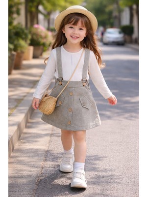 Bubiee Baby Kız Çocuk Önden Düğmeli Askılı Jile Etek ve Beyaz Fitilli Body Ikili Takım