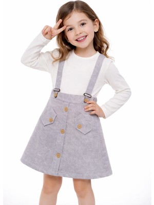 Bubiee Baby Kız Çocuk Önden Düğmeli Askılı Jile Etek ve Beyaz Fitilli Body Ikili Takım