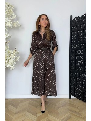 G1769 Kemer Detaylı Puantiyeli Gömlek Elbise Kahverengi