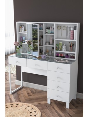 Özbience Aynalı Kapaklı Çekmeceli Beyaz Makyaj Masası ve Takı Düzenleyici