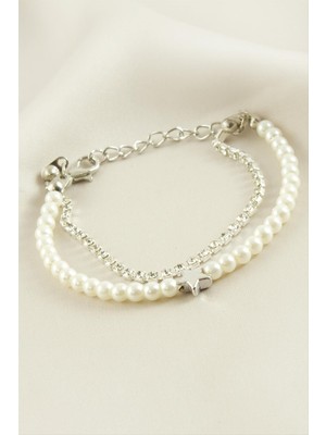 Zero Land Ozdestor Yıldız Şerit Taşlı Inci Bileklik-Gümüş Rengi