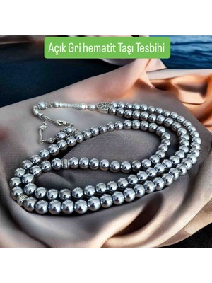 Mga Doğaltaş Gri Hematit Taşı 99’luk Zikir Tesbihi 8 mm – 3 Taş Püsküllü Hakiki Doğal Taş Namaz Tesbihi – A+ Plus Kalite