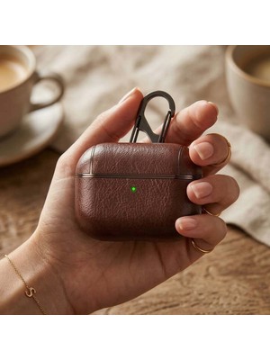 Caseonn Apple Airpods Pro 3 Kılıf Kancalı Lüks Deri Görünümlü Koyu Kahverengi