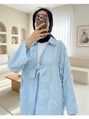 Modamorfo Püskül Detaylı Önden Bağlamalı Kimono -Bebe Mavi