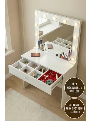 Özbience LED Işıklı Aynalı Kulis ve Takı Düzenleyicili Makyaj Masası
