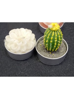 Es Dekor 2'li Tealight Minik Mum Metal Altlıklı Çiçek Kaktüs Aksesuar Ev Dekorasyon